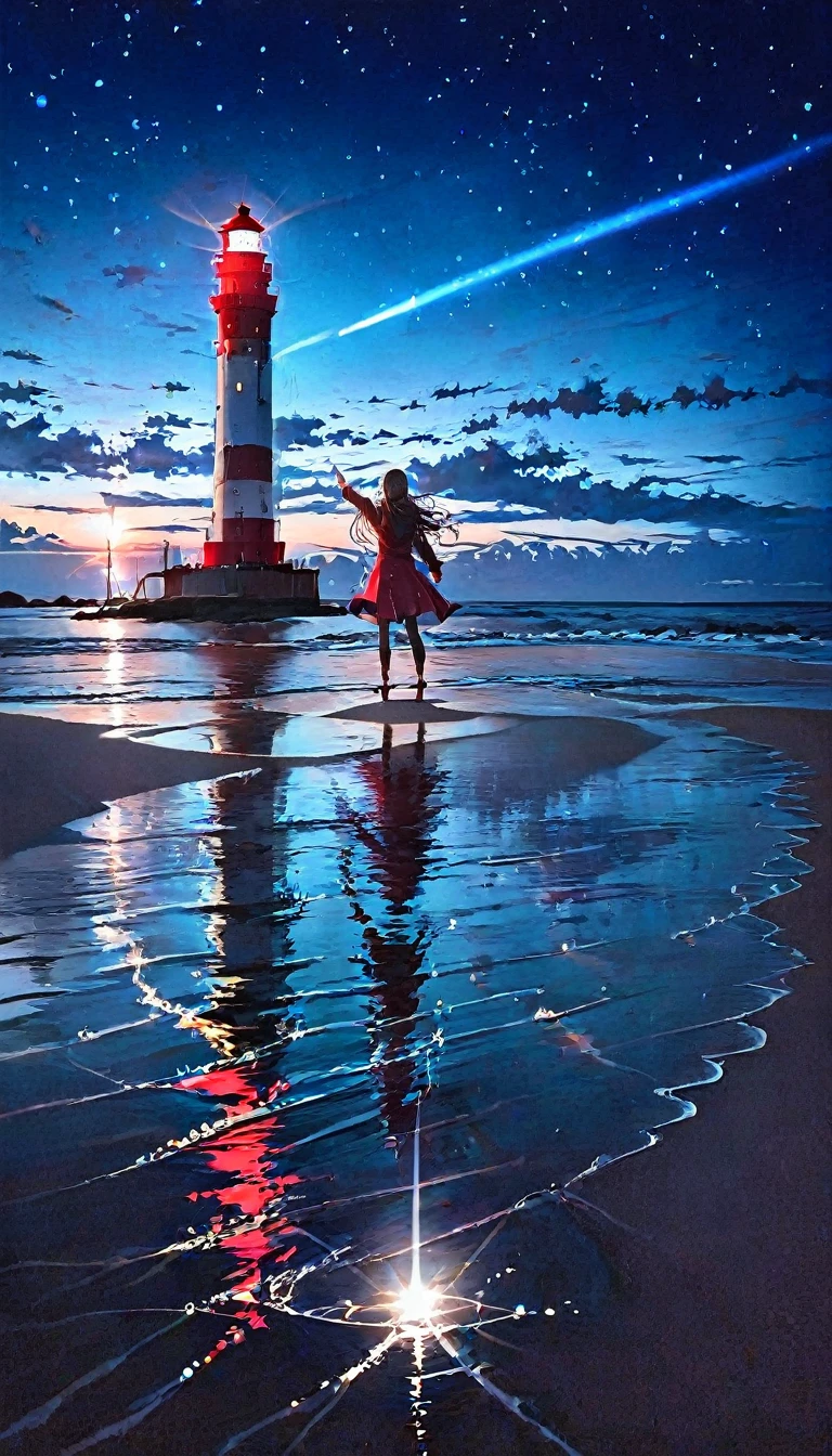 One woman,pastel,Pointing finger,Standing on the beach,Night Sky,star,Big Lighthouse,A ray of light shines from the lighthouse,Shine,Reflected on the water surface,Overall dark,View from afar,A touching scene