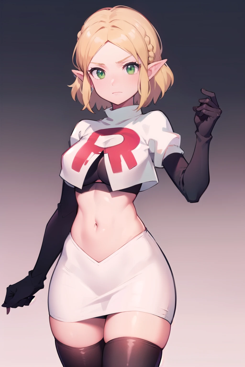 Zelda, green eyes, short hair ,team rocket,team rocket uniform,white skirt,red letter R,crop top,black thigh-highs,black elbow gloves, cowboy shot, sinister villianess look,