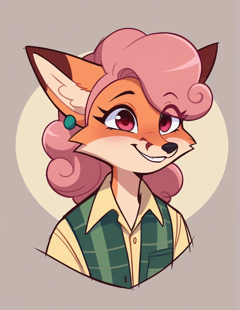 
Furry character ,  a female red fox .  She has long, straight bright pink hair,  with large, expressive eyes in vibrant tones .  It includes details such as an earring and a pocket watch hanging from her belt .  Quite happy smiling . cute. tender.Alone. furry. female. fox. smiling. icon. bust. She has no clothes on her .  Pink eyes and in love .