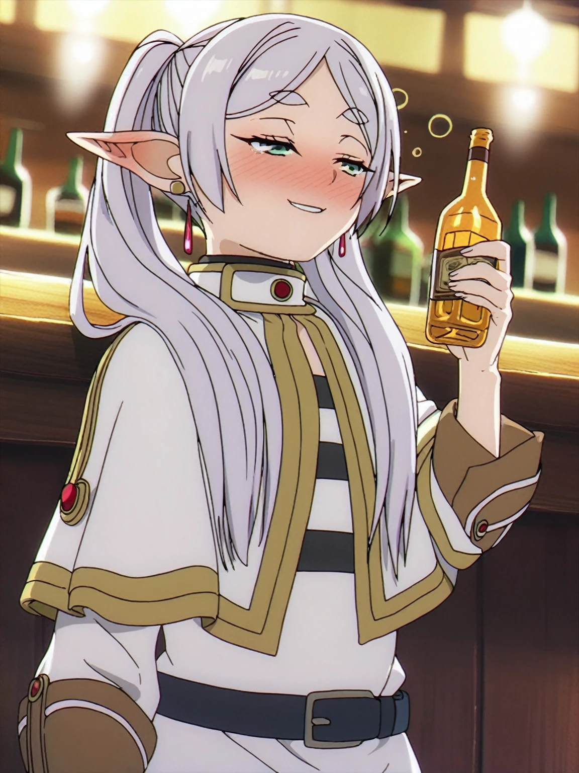 1girl, sfrieren, solo, elf, pointy ears, silver hair, white hair, green eyes, small breasts, flat chest, BREAK
robe, black pantyhose, brown boots, belt, capelet,,, naughty face, , smile, half-closed eyes, upper body, BREAK
, (drunk), drinking alcohol, bar, BREAK
score_9, score_8_up, score_7_up, score_6_up, anime,
(high quality, detailed, beautiful), shiny, detailed beautiful eyes, outstanding, countershading, detailed soft lighting