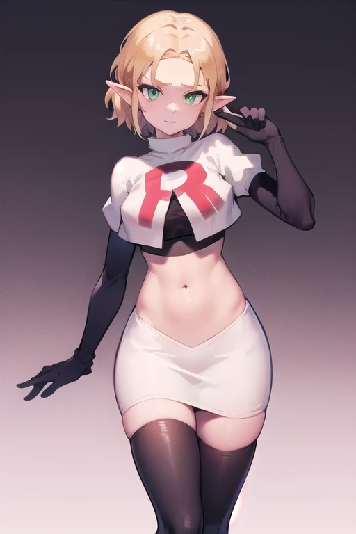 Zelda, green eyes, short hair ,team rocket,team rocket uniform,white skirt,red letter R,crop top,black thigh-highs,black elbow gloves, cowboy shot, sinister villianess look,