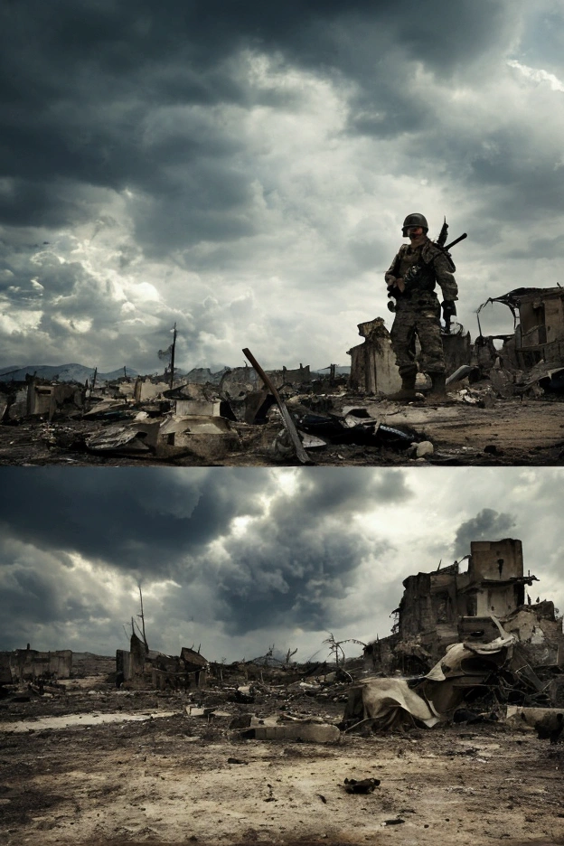 Netanyahu with a severe expression holding an israeli flag in the midst of a field of destruction and dead bodies, angry and brutal expression, dramatic lighting, cinematic, photo-realistic, 8k, (best quality,4k,8k,highres,masterpiece:1.2),ultra-detailed,(realistic,photorealistic,photo-realistic:1.37),dramatic shadows,dramatic contrast,chiaroscuro lighting,military uniform,war scene,devastation,ruins,debris,s,dramatic sky,ominous clouds,moody atmosphere