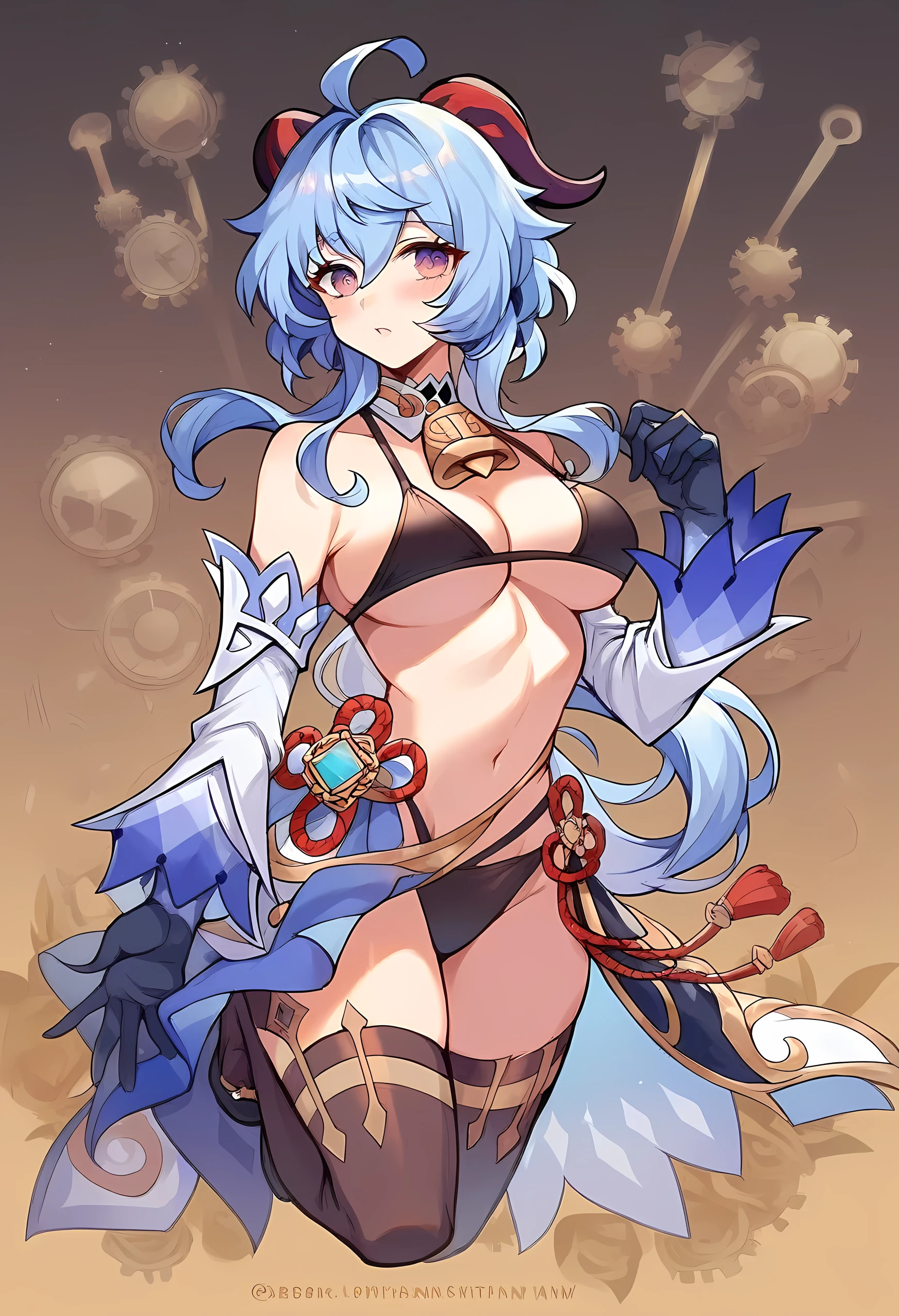 (masterpiece:1.2, best quality), (anime picture), (1lady, solo, full body shot, modest tits), anime,
Clothes: topless suit (NSFW), female, cowbell necklace, black gloves,
Appearance: ganyu \(genshin impact\), twin horns, anatomy details,
Values: individuality, authenticity, creative expression,
Inspirations: victorian icons, steampunk, bikini,
Personality traits: bold, daring, friendly.