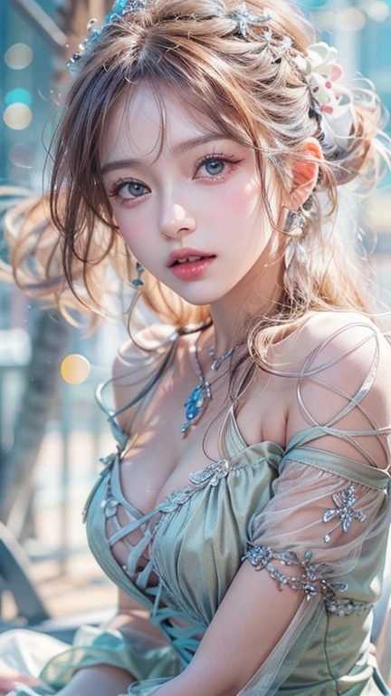 (((Blurred Background、Watercolor style background)))、One Girl、20 year old talent、anatomy、Cute face、Small face、Pale pink eyes、Loosely braided low ponytail、Light pink hair、Small breasts、Black Dress Open Neck Dress、Transparent lace dress、Transparency、Random Pause、highest quality、High resolution、High resolution、Cinema Lighting、Professional Photographer、