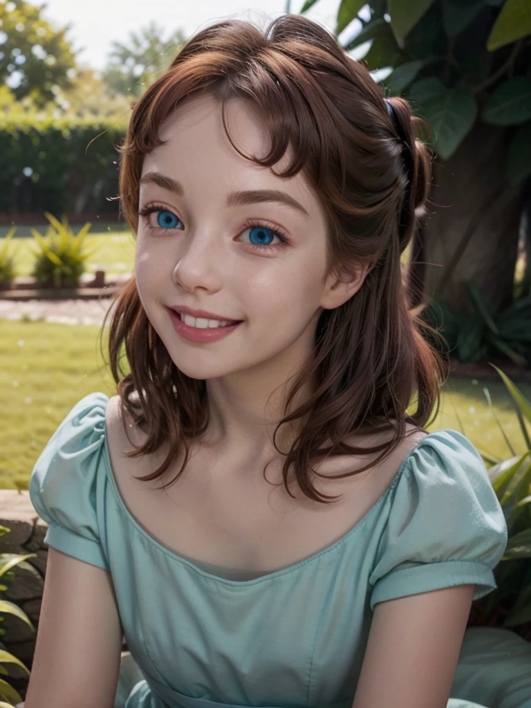 1 wendy darling, detailed, ultra realistic, high details, cozy atmosphere, elegant, smiling, red hair, in a garden. UHD, blue eyes, detailed skin, 