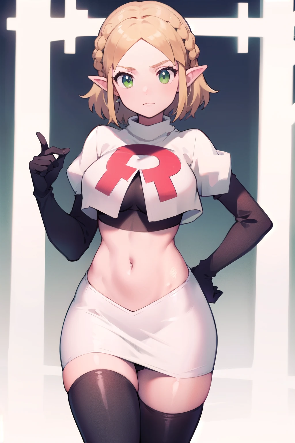 Zelda, green eyes, short hair ,team rocket,team rocket uniform,white skirt,red letter R,crop top,black thigh-highs,black elbow gloves, cowboy shot, sinister villianess look,