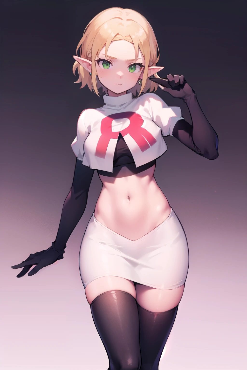 Zelda, green eyes, short hair ,team rocket,team rocket uniform,white skirt,red letter R,crop top,black thigh-highs,black elbow gloves, cowboy shot, sinister villianess look,