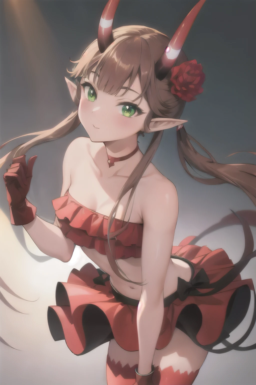 masterpiece, best quality, ultra-detailed, glistening shiny, glowing light, ray tracing, HDR, deph of field, (perfect face, detailed face),  msyu, long hair, twintails, hair flower, pointy ears, horns, red choker, tube top, strapless, red gloves, red skirt, red thighhighs