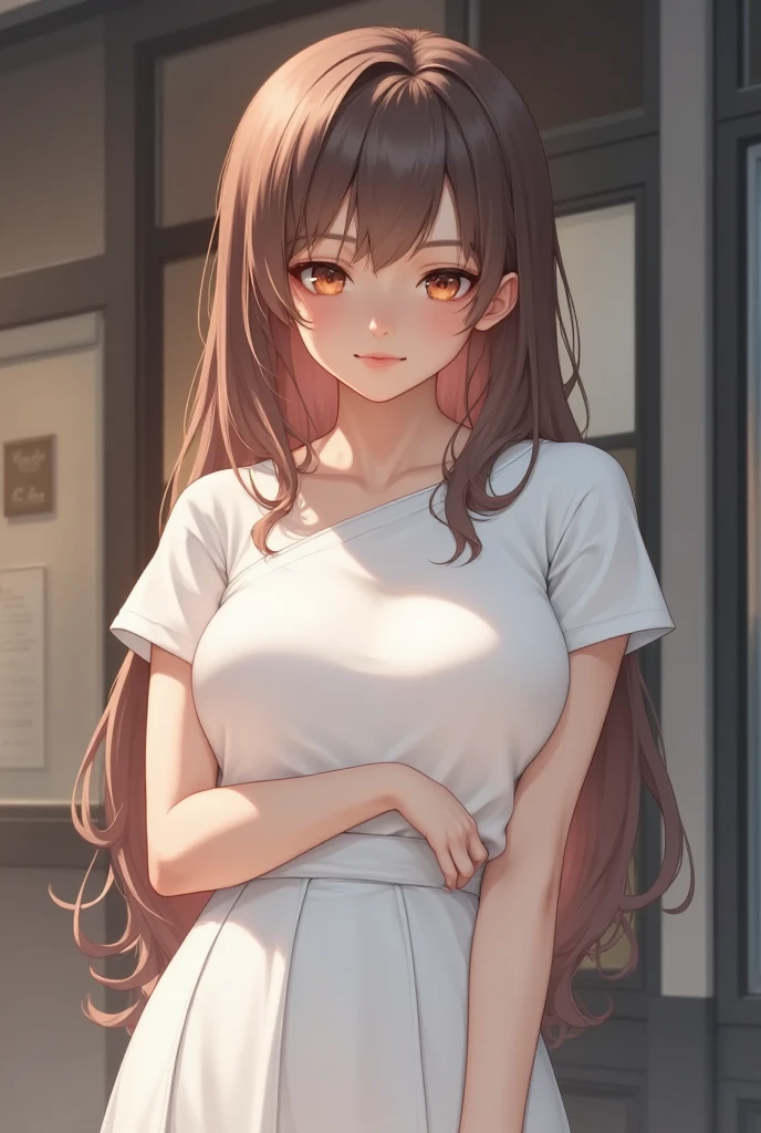 Psanime, perfect body,  cowboy shot of a beautiful Asian woman wearing a white single-shoulder shirt and white skirt standing outside a cafe, she is posing, she has a nice lipstick, She's smiling gently