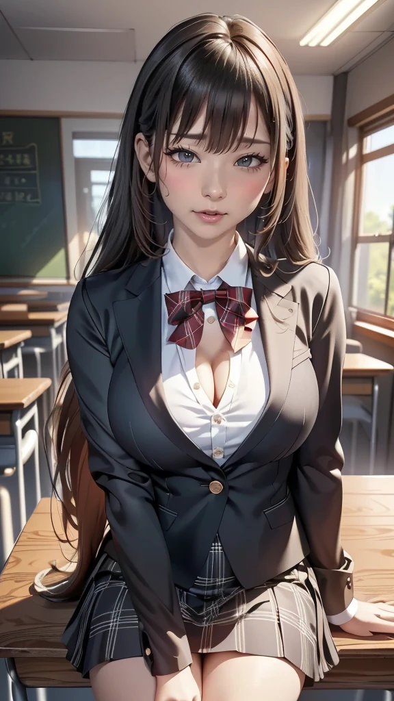 realistic, High resolution, soft light,1 female, alone, jewelry, Current school classroom，the biggest eyes，chest is low, long hair、((color々hair with color)）(Super realistic)、(enlightenment)、(High resolution)、(8k)、(very become familiar with)、(best illustrations)、(fine and beautiful eyes)、(highest quality),（detailed face）、alone、1 girl in、looking at the viewer、become familiar with、detailed face、in the dark night、deep shadow、private key、Pure erotic face ace_、length、black shawl straight hair、46 point diagonal bangs,Female student、(white blazer、chest emblem)、translucent white blouse、red bow tie、( In bright colors,plaid)、,8k, highest quality, 超High resolution, table top, realistic, realistic, high contrast, photon mapping, real image, smile