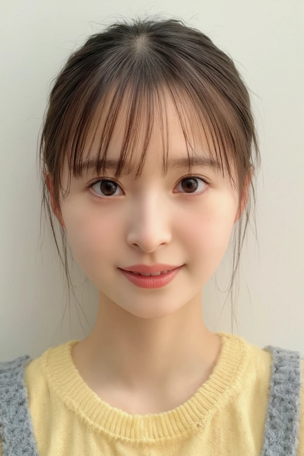 (((Heart shape with both hands:10.5,  smile:2.1)))、 (RAW Photos、8k、32K、masterpiece、Realistic、  photoreal:1.37)、Cute Japanese women images、Photographed in natural light、  upper body、 1 girl、Photo Mapping、 Physically Based Rendering、Excellent image quality、  High Resolution  、1080P、(Detailed CG)、Rich details、( great features :1.35)、(Detailed eyes)、 I'm looking forward to your eyes、Delicate clavicle、非常にリアルで詳細な若い女性の  upper bodyポートレート。The skin is beautiful、Soft light is reflected in the high part of the cheek、 Tiny pores and hair follicles、 Even the tiniest blood vessels are visible, The skin is smooth、Natural flushing of the cheeks、Gives a healthy glow, Eyes are big, clear, rainbow colored、 The iris has fine patterning、 Light is reflecting and shining in the eye。 There is a slight shadow under the eye、 Her eyelashes are long and naturally curled。 her lips are soft pink 、 Smooth texture and natural glow、Reflects light slightly ,  the woman is wearing a simple thin camisole、 The background is a pale monochrome gradient、焦点は完全に顔と  upper bodyに当たっている、Realistic shadows and textures、Photographic depiction