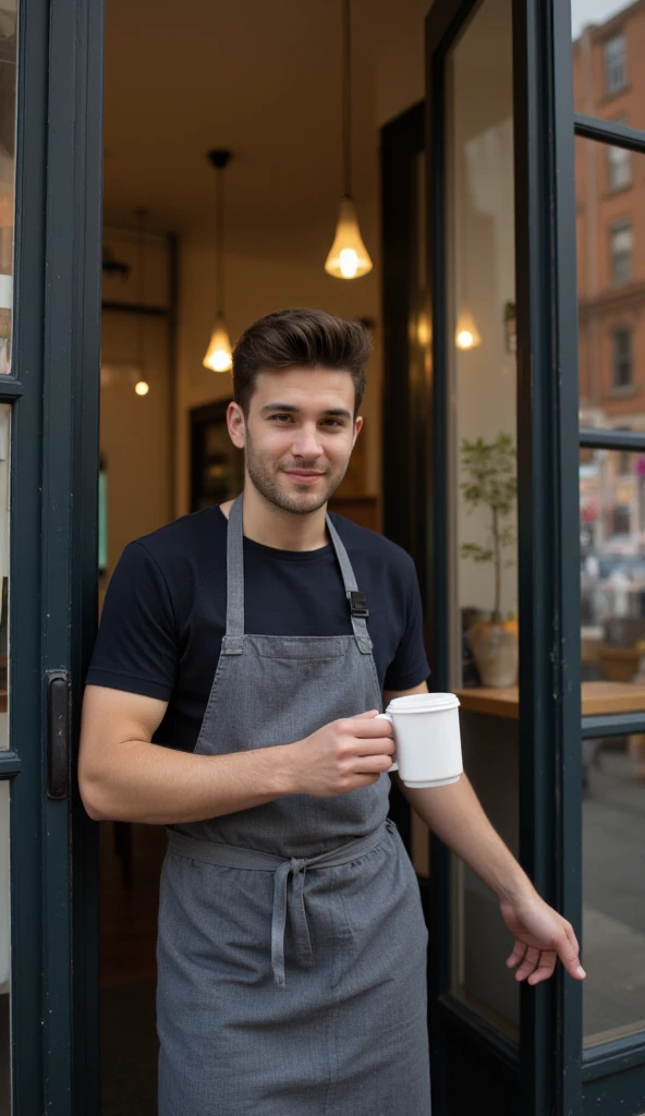 Full body male in dark casual shirt and grey apron holding white coffee cup, positioned in doorway. Shallow depth of field, soft background blur. Contemporary urban setting, brownstone buildings reflected in windows. Lifestyle photography style