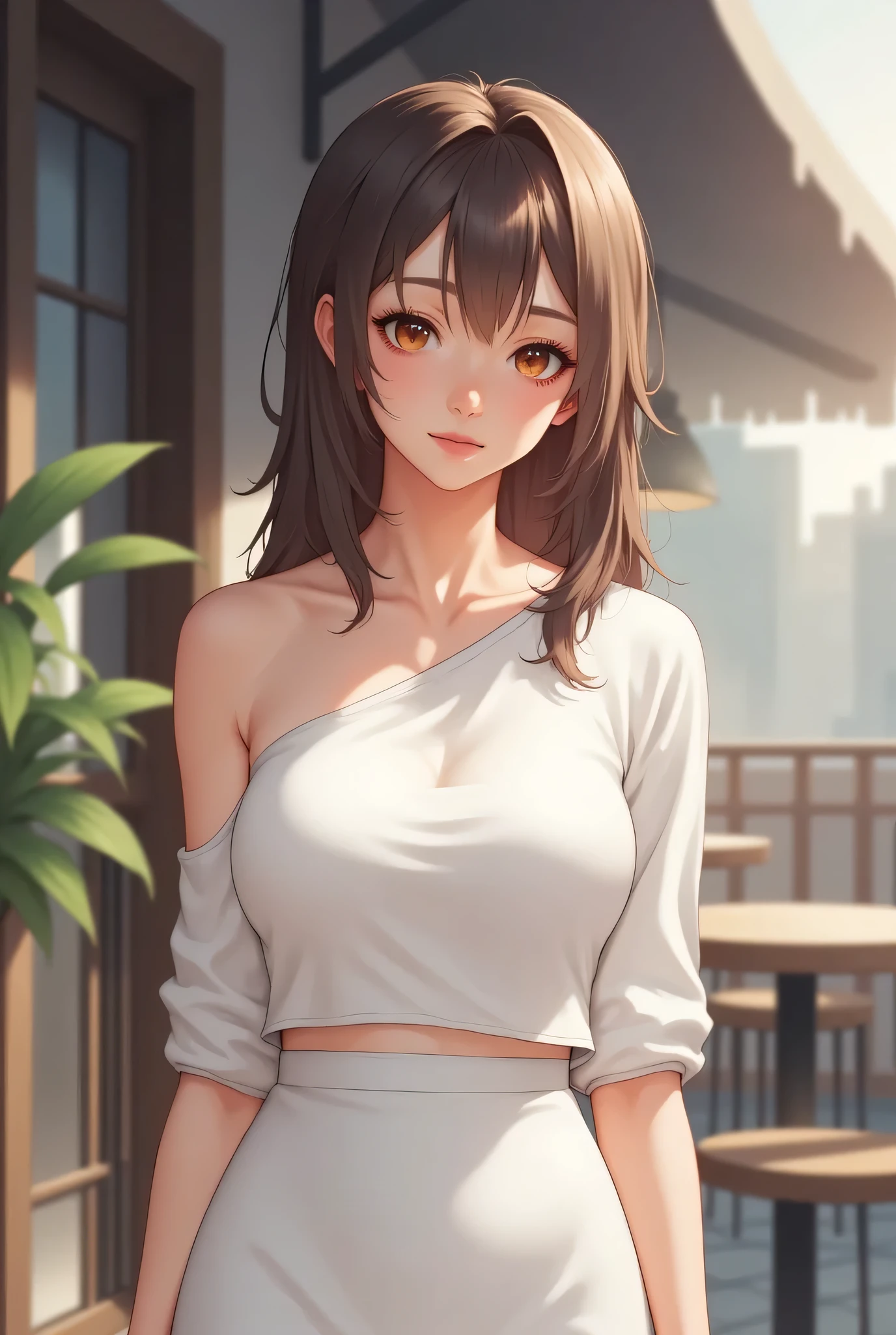 Psanime, perfect body,  cowboy shot of a beautiful Asian woman wearing a white single-shoulder shirt and white skirt standing outside a cafe, she is posing, she has a nice lipstick, She's smiling gently