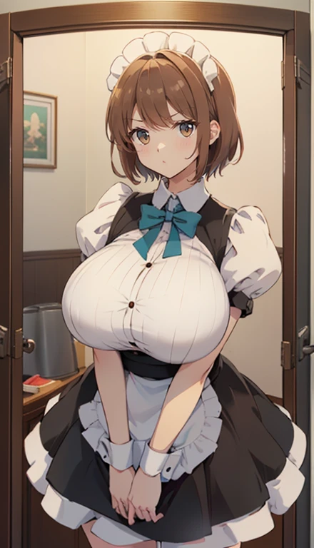 software, (Maid uniform, Keyhole Valley), ( 個のHuge breastsを抱えている, Huge breasts, Large Breasts),  arms crossed behind , Firm breasts,  slim waist ,  curvy figure , (brown_hair, orange_eye), short hair