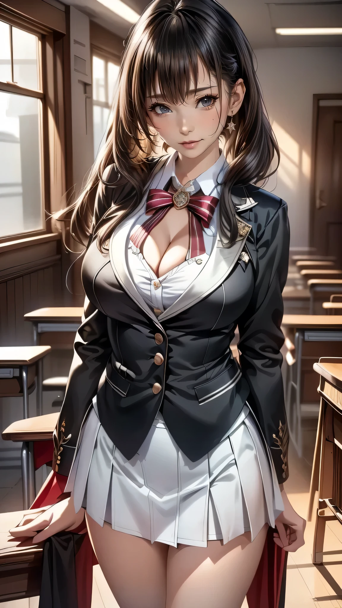 realistic, High resolution, soft light,1 female, alone, jewelry, Current school classroom，the biggest eyes，chest is low, long hair、((color々hair with color)）(Super realistic)、(enlightenment)、(High resolution)、(8k)、(very become familiar with)、(best illustrations)、(fine and beautiful eyes)、(highest quality),（detailed face）、alone、1 girl in、looking at the viewer、become familiar with、detailed face、in the dark night、deep shadow、private key、Pure erotic face ace_、length、black shawl straight hair、46 point diagonal bangs,Female student、(white blazer、chest emblem)、translucent white blouse、red bow tie、( In bright colors,plaid)、,8k, highest quality, 超High resolution, table top, realistic, realistic, high contrast, photon mapping, real image, smile