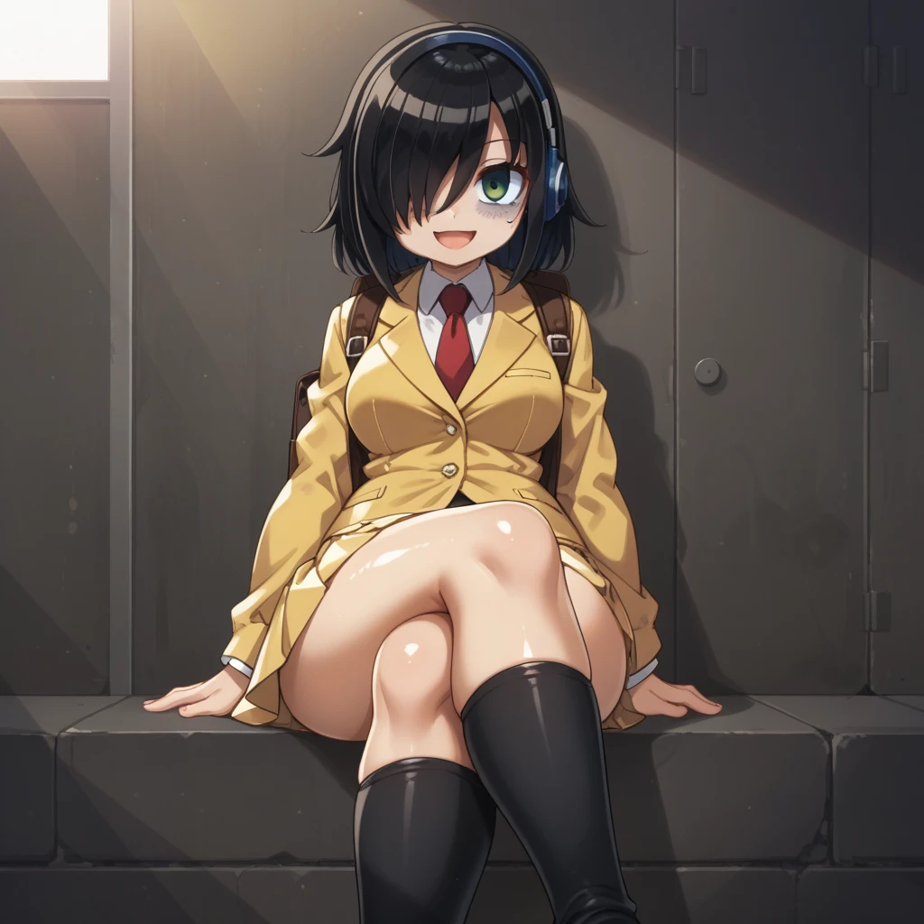 score_9, score_8_up, score_7_up,, solo, source_anime, tomokoxl, bags under eyes, hair over one eye black hair, medium hair, school uniform, red necktie, yellow skirt, short skirt, pleated skirt, yellow jacket, standing, cowboy shot, sitting, crossed legs, thick thighs, shiny skin, focus in crossed legs, underwear, white underwear, shiny underwear, lace underwear, white lace underwear, shiny lace underwear, panties, white panties, shiny panties, only crossed legs pose, sexy crossed legs, perfect crossed legs, sexy legs, big thighs, oiled thighs, oiled legs, smile, open mouth, glowing green eyes, evening time, dark room, breast, big breast, sheer knee highs, black knee highs, black sheer knee highs, backpack, leather backpack, brown backpack, focus in crossed legs, focus in legs, blushing, no shoes, cute feet, cute legs, panchira, huge legs, huge thighs, headphones, blue headphones, deats headphones,