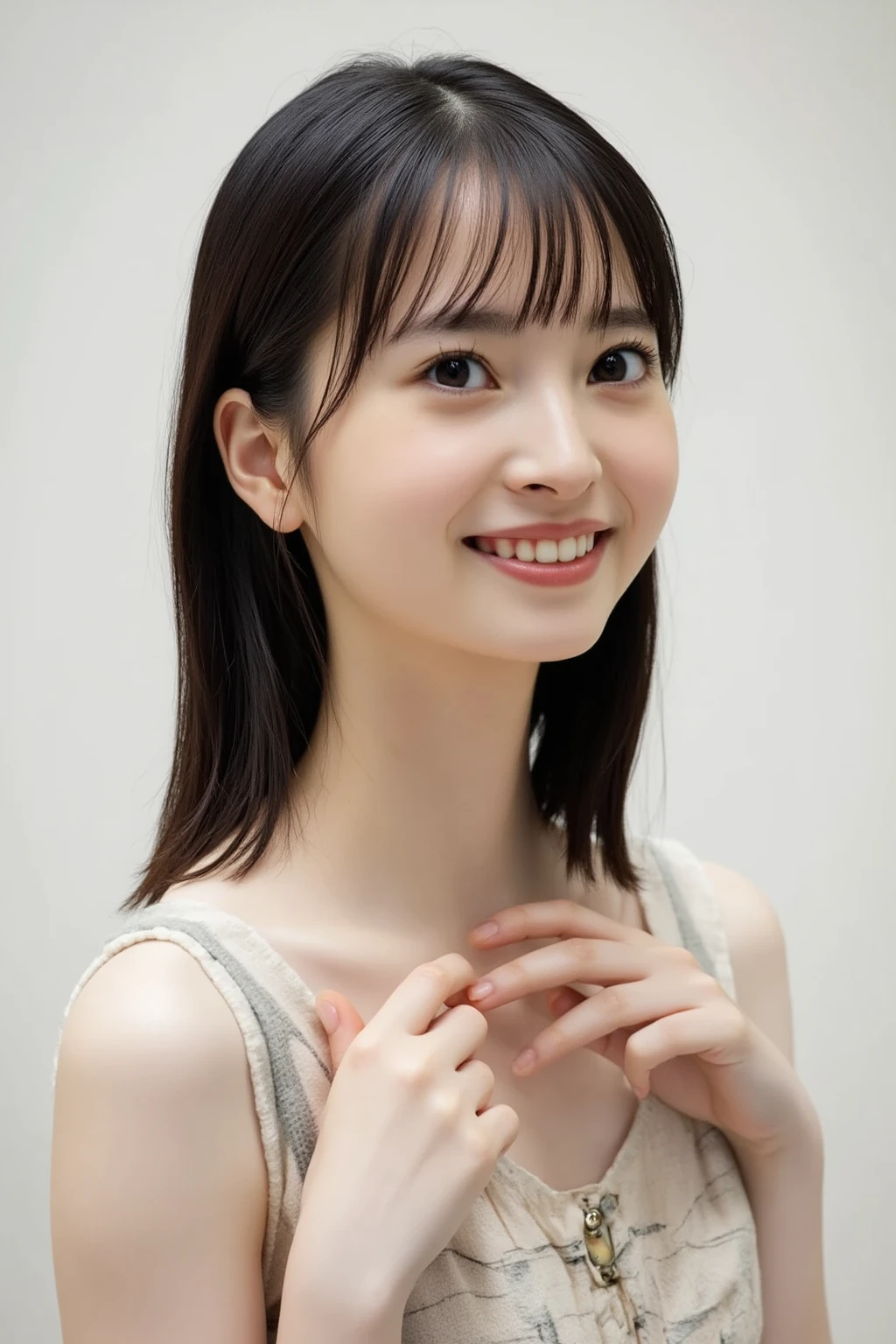 (((upper body shot))),((nude)),((nipples)),Ultra-high resolution,big eyes,grin,Japanese,bangs,(a girl),(1 girl),((18-year-old)),(cute),pretty,(slanted eyes),long hair