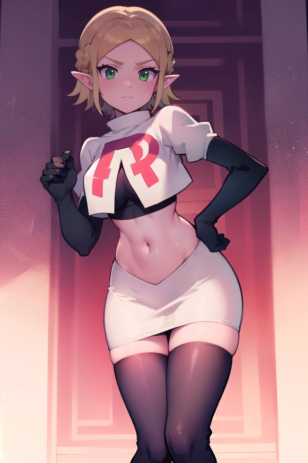 Zelda, green eyes, short hair ,team rocket,team rocket uniform,white skirt,red letter R,crop top,black thigh-highs,black elbow gloves, cowboy shot, sinister villianess look,