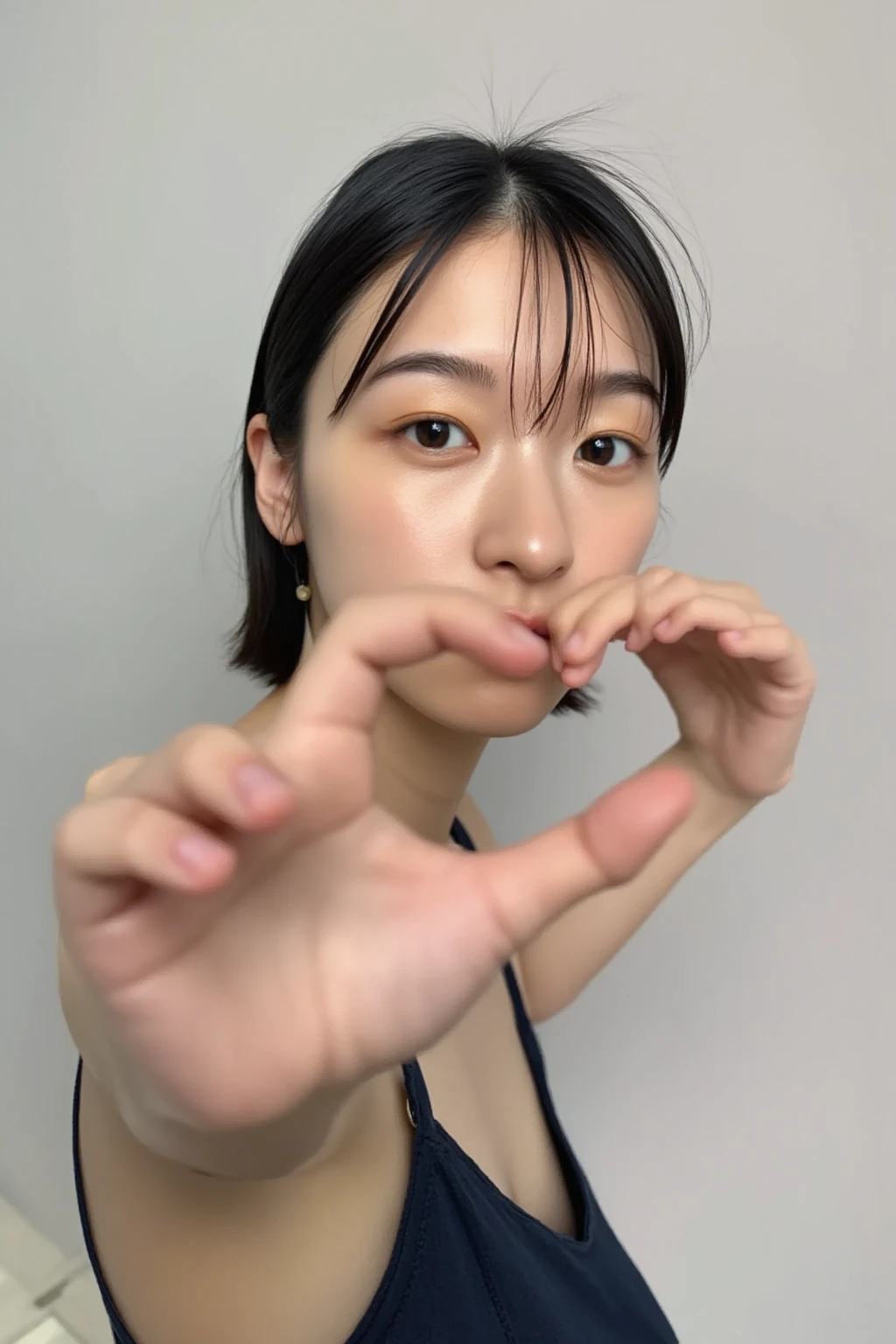 (((Make a heart shape with your hands:10.5,  smile:2.1)))、 (RAW Photos、8k、32K、masterpiece、Realistic、  photoreal:1.37)、Cute Japanese women images、Photographed in natural light、  upper body、 1 girl、Photo Mapping、 Physically Based Rendering、Excellent image quality、  High Resolution  、1080P、(Detailed CG)、Rich details、( great features :1.35)、(Detailed eyes)、 I'm looking forward to your eyes、Delicate clavicle、非常にリアルで詳細な若い女性の  upper bodyポートレート。The skin is beautiful、Soft light is reflected in the high part of the cheek、 Tiny pores and hair follicles、 Even the tiniest blood vessels are visible, The skin is smooth、Natural flushing of the cheeks、Gives a healthy glow, Eyes are big, clear, rainbow colored、 The iris has fine patterning、 Light is reflecting and shining in the eye。 There is a slight shadow under the eye、 Her eyelashes are long and naturally curled。 her lips are soft pink 、 Smooth texture and natural glow、Reflects light slightly ,  the woman is wearing a simple thin camisole、 The background is a pale monochrome gradient、焦点は完全に顔と  upper bodyに当たっている、Realistic shadows and textures、Photographic depiction