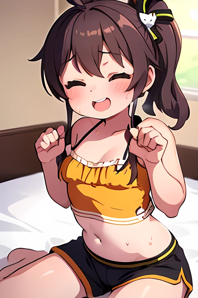 One Girl,iris,(( side ponytails )),belly button, camisole, shorts ,Normal height,No dialogue,No text,Red cheeks,A big smile,(Close your eyes),((Playing video games)),(Sweaty),Sitting on the bed in the bedroom, ((victory pose)),