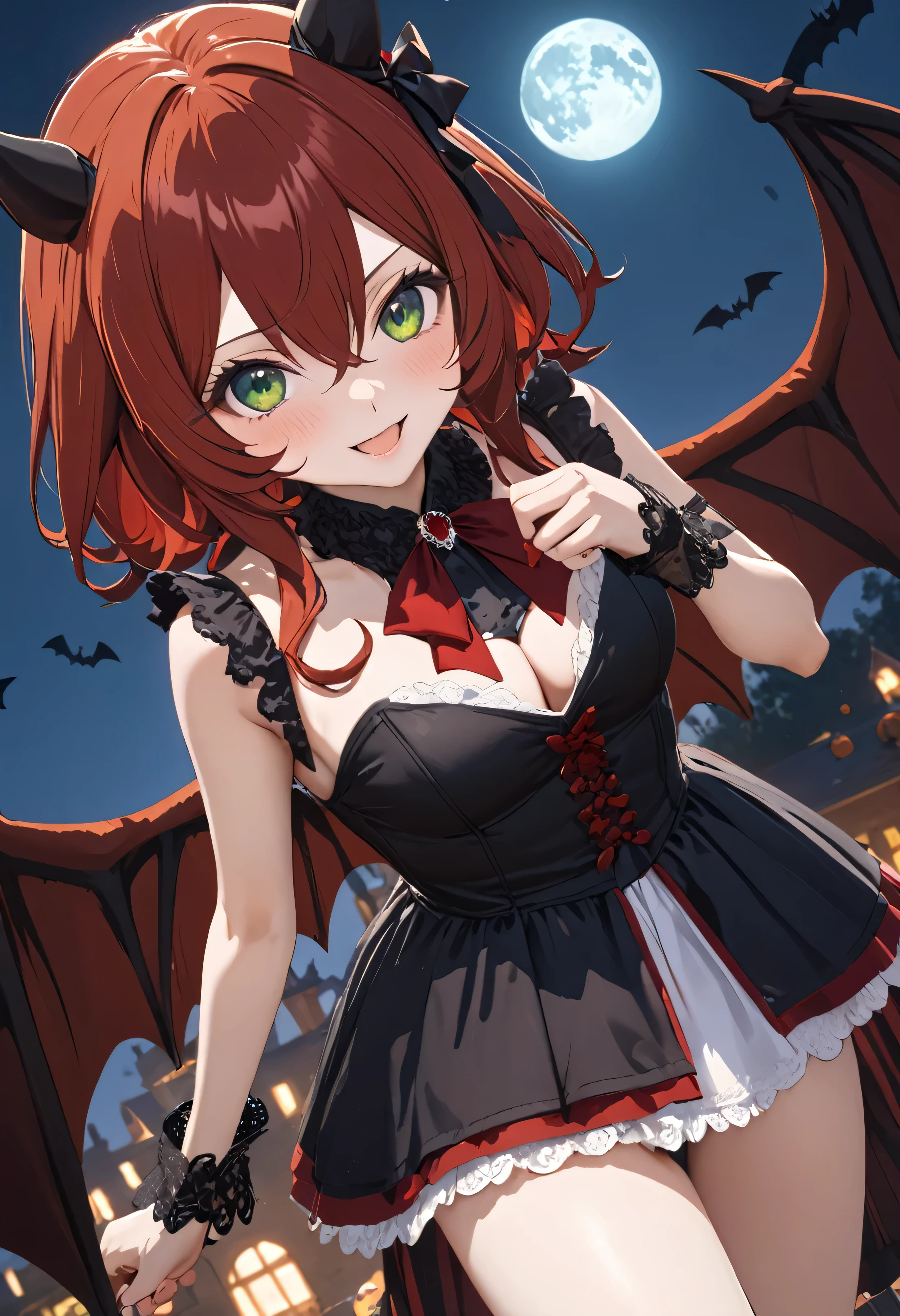 1girl,solo,win_variation\(umamusume\),  animal ears, horse ears, horse girl, green eyes, (((red hair))), hair between eyes, streaked hair, multicolored hair, white hair, horse tail,(((((rice shower (make up vampire!) (umamusume)(cos play),((devil wings))))))),(((from side)),((from below)),((Dutch angle)),(((halloween night))),smile,put her hand chest,outdoor,turf,night,moon,shiny skin, shiny,ai-generated,beautiful eyes,masterpiece,best quality,highres,4k,8k,art by Sincos,Cute,Anime,Artist by sincos