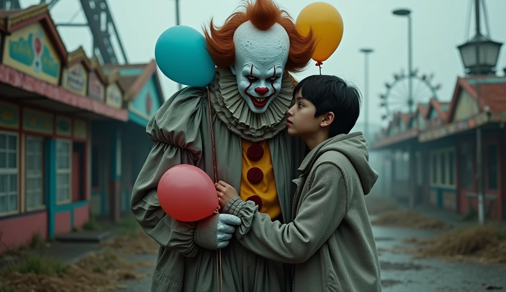 A clown in the gutter ripping off the hand of a boy wearing a yellow and transparent raincoat, in the rain with the reflection of the water with the boy's blood ((realisitic)) ((detailded)) ((real-life))