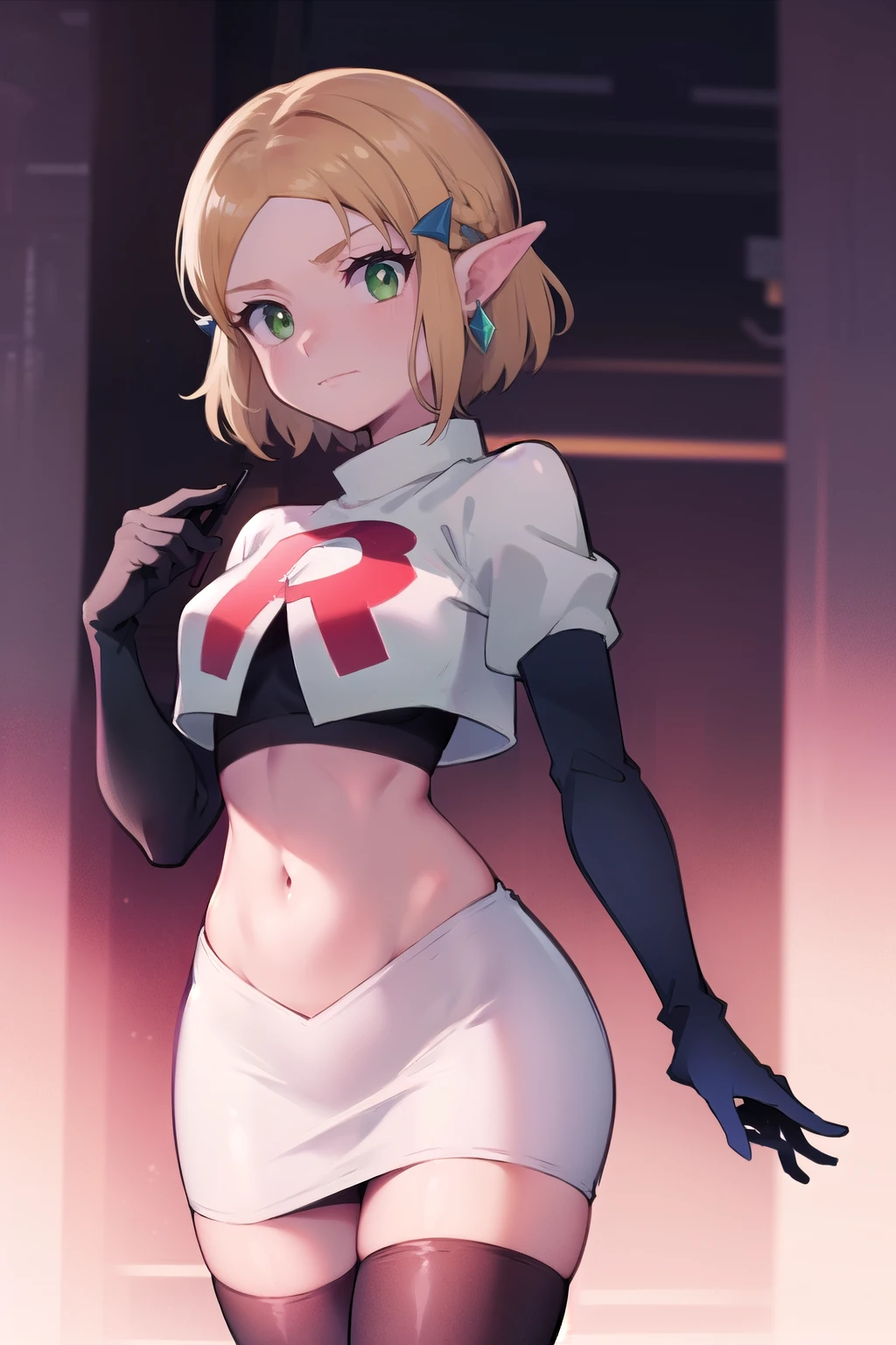 Zelda, green eyes, short hair ,team rocket,team rocket uniform,white skirt,red letter R,crop top,black thigh-highs,black elbow gloves, cowboy shot, sinister villianess look,