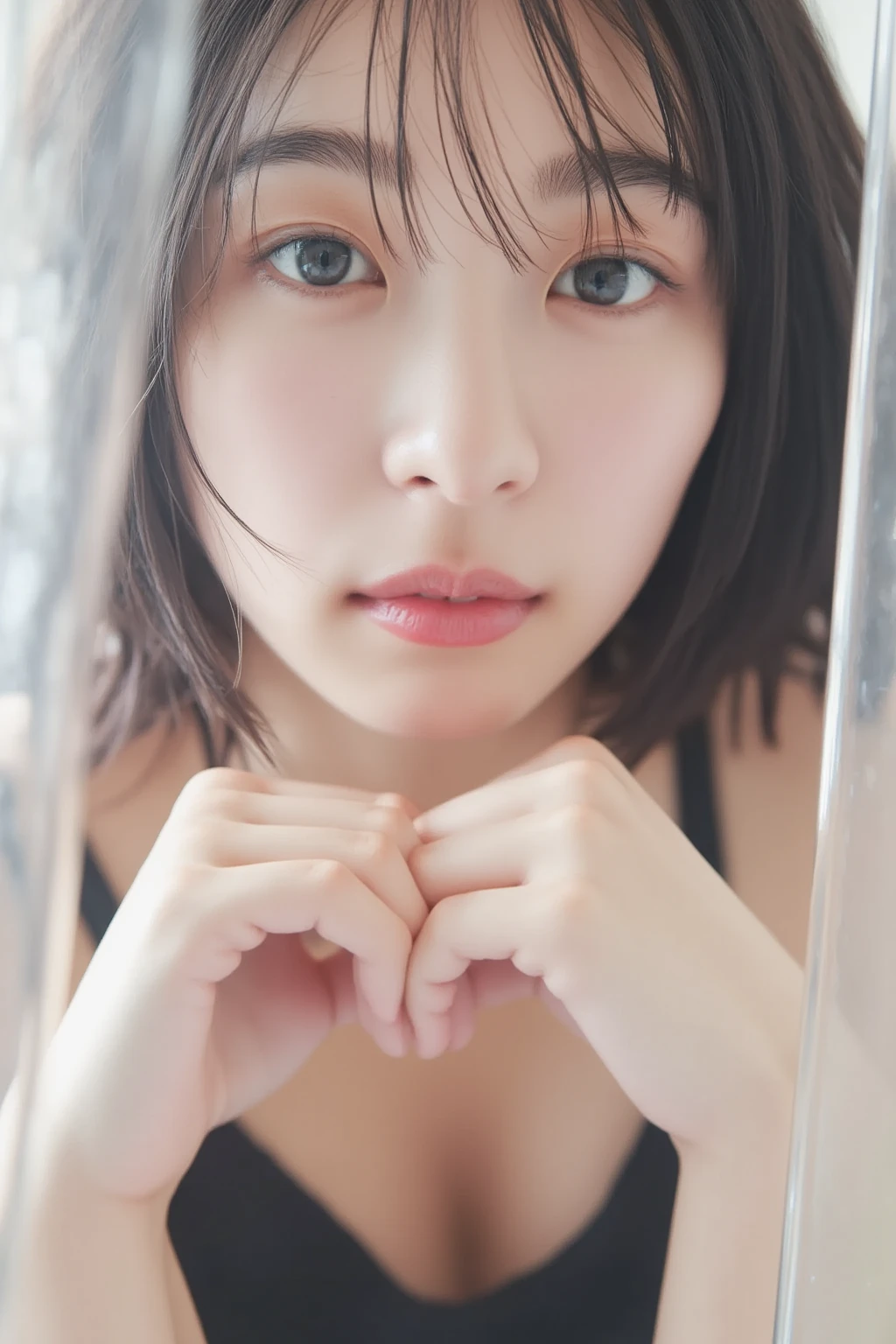 (((Making a heart shape with hands:10.5,  smile:2.1)))、 (RAW Photos、8k、32K、masterpiece、Realistic、  photoreal:1.37)、Cute Japanese women images、Photographed in natural light、  upper body、 1 girl、Photo Mapping、 Physically Based Rendering、Excellent image quality、  High Resolution  、1080P、(Detailed CG)、Rich details、(Detailed eyes)、 I'm looking forward to your eyes、Delicate clavicle、非常にリアルで詳細な若い女性の  upper bodyポートレート。The skin is beautiful、Soft light is reflected in the high part of the cheek、 Tiny pores and hair follicles、 Even the tiniest blood vessels are visible, The skin is smooth、Natural flushing of the cheeks、Gives a healthy glow, Eyes are big, clear, rainbow colored、 The iris has fine patterning、 Light is reflecting and shining in the eye。 There is a slight shadow under the eye、 Her eyelashes are long and naturally curled。 her lips are soft pink 、 Smooth texture and natural glow、Reflects light slightly ,  the woman is wearing a simple thin camisole、 The background is a pale monochrome gradient、焦点は完全に顔と  upper bodyに当たっている、Realistic shadows and textures、Photographic depiction