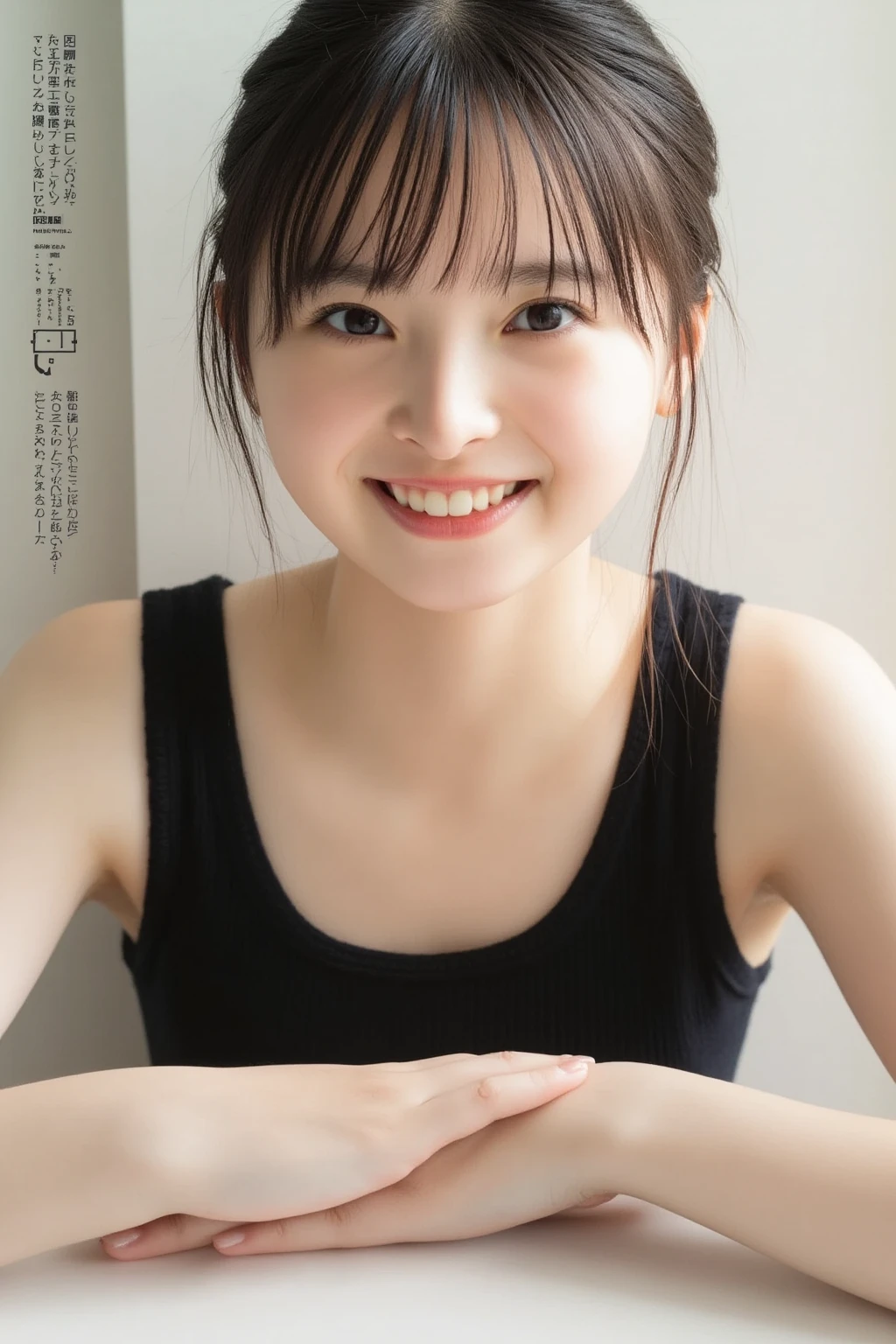 (((Making a heart shape with hands:10.5,  smile:2.1)))、 (RAW Photos、8k、32K、masterpiece、Realistic、  photoreal:1.37)、Cute Japanese women images、Photographed in natural light、  upper body、 1 girl、Photo Mapping、 Physically Based Rendering、Excellent image quality、  High Resolution  、1080P、(Detailed CG)、Rich details、(Detailed eyes)、 I'm looking forward to your eyes、Delicate clavicle、非常にリアルで詳細な若い女性の  upper bodyポートレート。The skin is beautiful、Soft light is reflected in the high part of the cheek、 Tiny pores and hair follicles、 Even the tiniest blood vessels are visible, The skin is smooth、Natural flushing of the cheeks、Gives a healthy glow, Eyes are big, clear, rainbow colored、 The iris has fine patterning、 Light is reflecting and shining in the eye。 There is a slight shadow under the eye、 Her eyelashes are long and naturally curled。 her lips are soft pink 、 Smooth texture and natural glow、Reflects light slightly ,  the woman is wearing a simple thin camisole、 The background is a pale monochrome gradient、焦点は完全に顔と  upper bodyに当たっている、Realistic shadows and textures、Photographic depiction