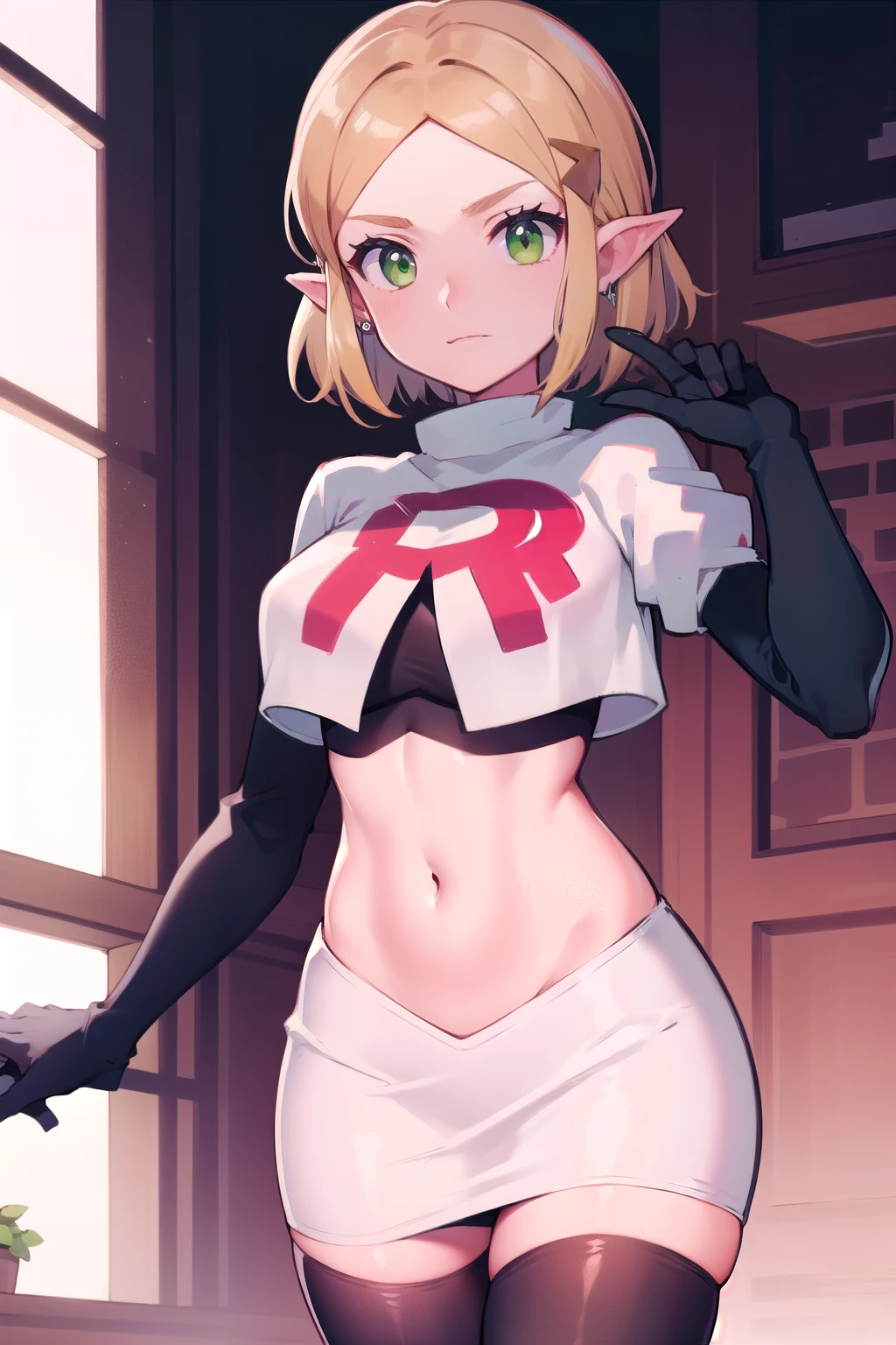 Zelda, green eyes, short hair ,team rocket,team rocket uniform,white skirt,red letter R,crop top,black thigh-highs,black elbow gloves, cowboy shot, sinister villianess look,