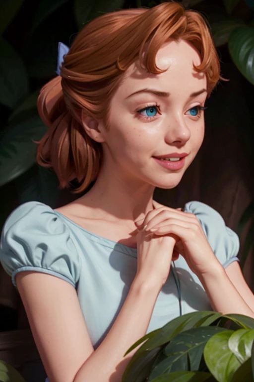 1 wendy darling, detailed, ultra realistic, high details, cozy atmosphere, elegant, smiling, red hair, in a garden. UHD, blue eyes, detailed skin,
