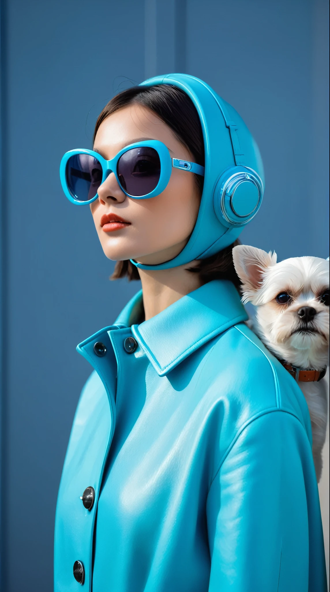 The best cell phone wallpaper, Award-Winning Wallpaper, portrait photography, In the front view is a portrait of a cute dog wearing mid-1960s space age fashion, Side view photo, Shot with Canon EOS R5, Set a strong contrast that accentuates the subject, Fluorescent blue tone, Wearing a very modern coat and sunglasses is a modern 1960s style, Clothes all in one color, beautiful background