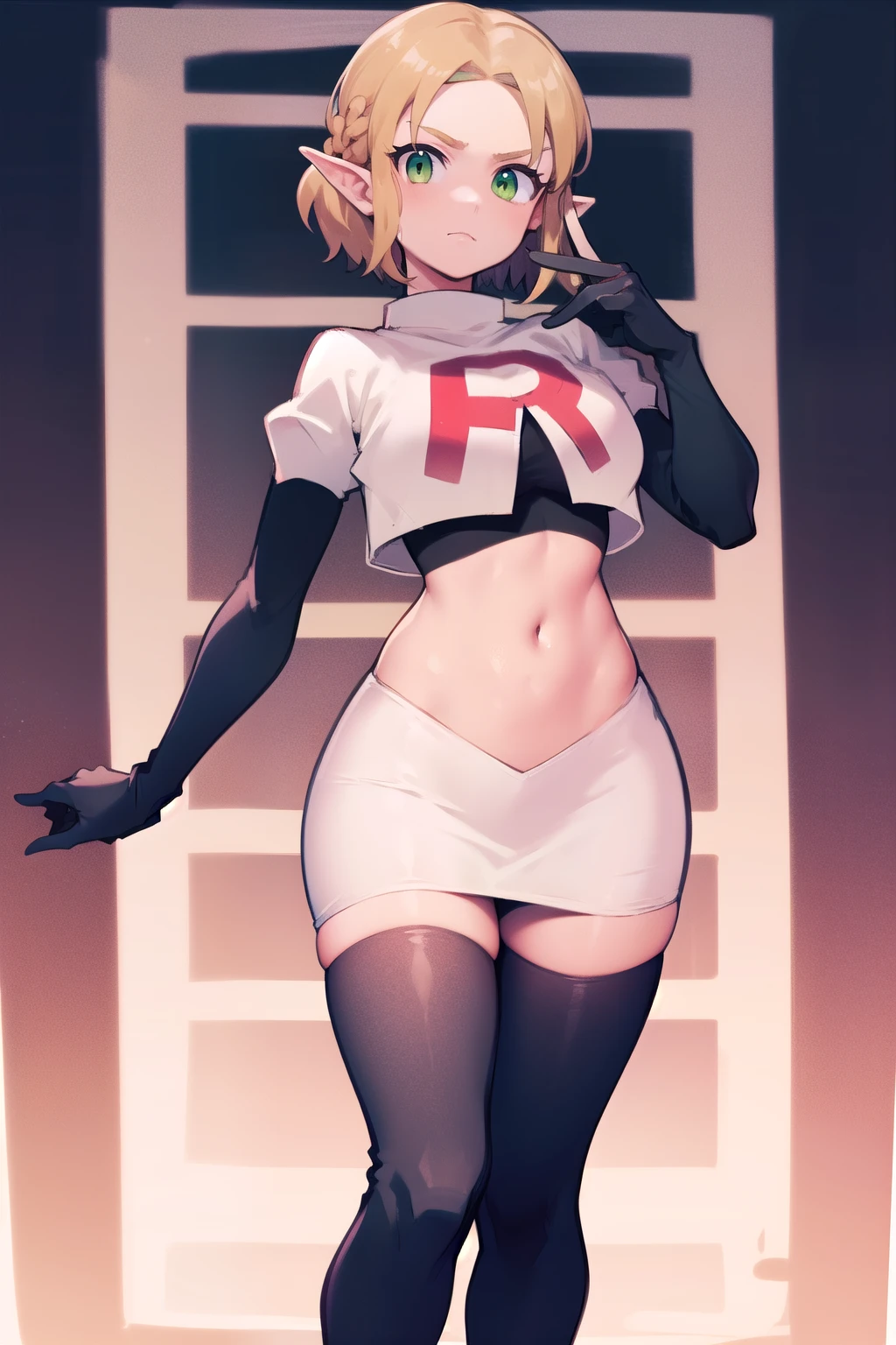 Zelda, green eyes, short hair ,team rocket,team rocket uniform,white skirt,red letter R,crop top,black thigh-highs,black elbow gloves, cowboy shot, sinister villianess look,