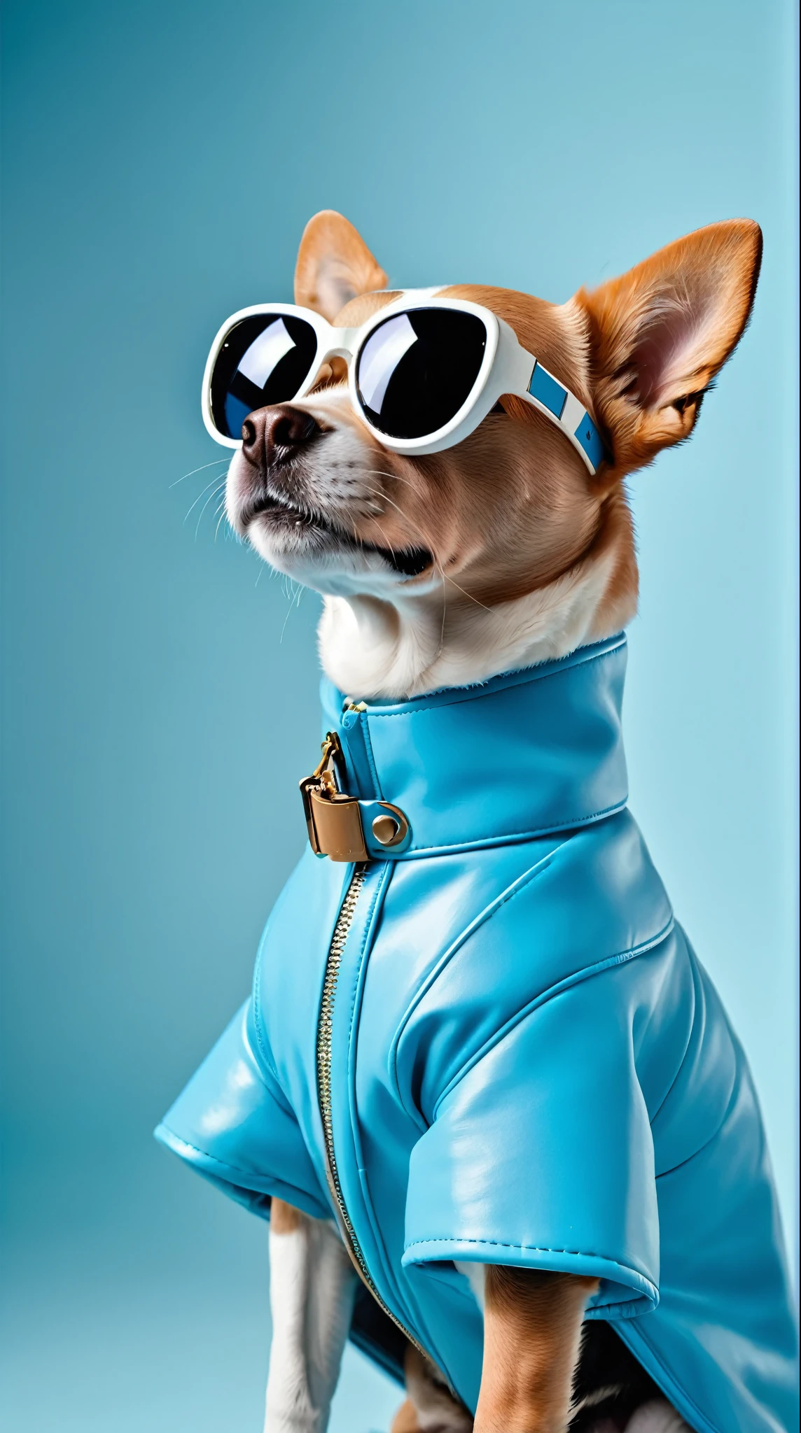 The best cell phone wallpaper, Award-Winning Wallpaper, portrait photography, In the front view is a portrait of a cute dog wearing mid-1960s space age fashion, Side view photo, Shot with Canon EOS R5, Set a strong contrast that accentuates the subject, Fluorescent blue tone, Wearing a very modern coat and sunglasses is a modern 1960s style, Clothes all in one color, beautiful background