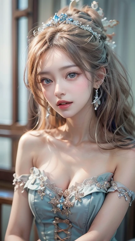 best qualtiy, tmasterpiece, 超高分辨率, (realisticlying:1.5), RAW photogr, 1girll, silber hair, long whitr hair,hair adornments,bshoulders,Cold and glamorous,Sexy look,Cyan and pink tulle dress, Detailed scenes, amazing pose, Eye-catching accessories, Picturesque