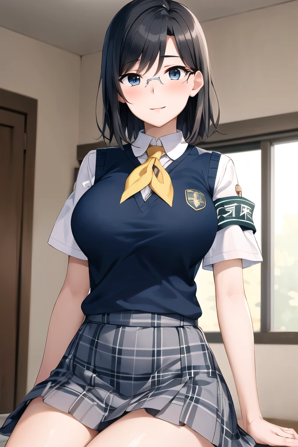 masterpiece, Best Quality, High Resolution , morning, short hair, Black Hair , blue eyes, Glasses, school uniform, yellow neckerchief, collared shirt, Sweater vest, (Blue vest:1.2), Short sleeve, Armband, Plaid Skirt, Grey Skirt, indoor, Sitting, smile, Open your mouth , Wavy,(big :1.4),slender,(Narrow waist:1.4), Nose blush, Heart shaped eyes, Disappointed,Dressed
