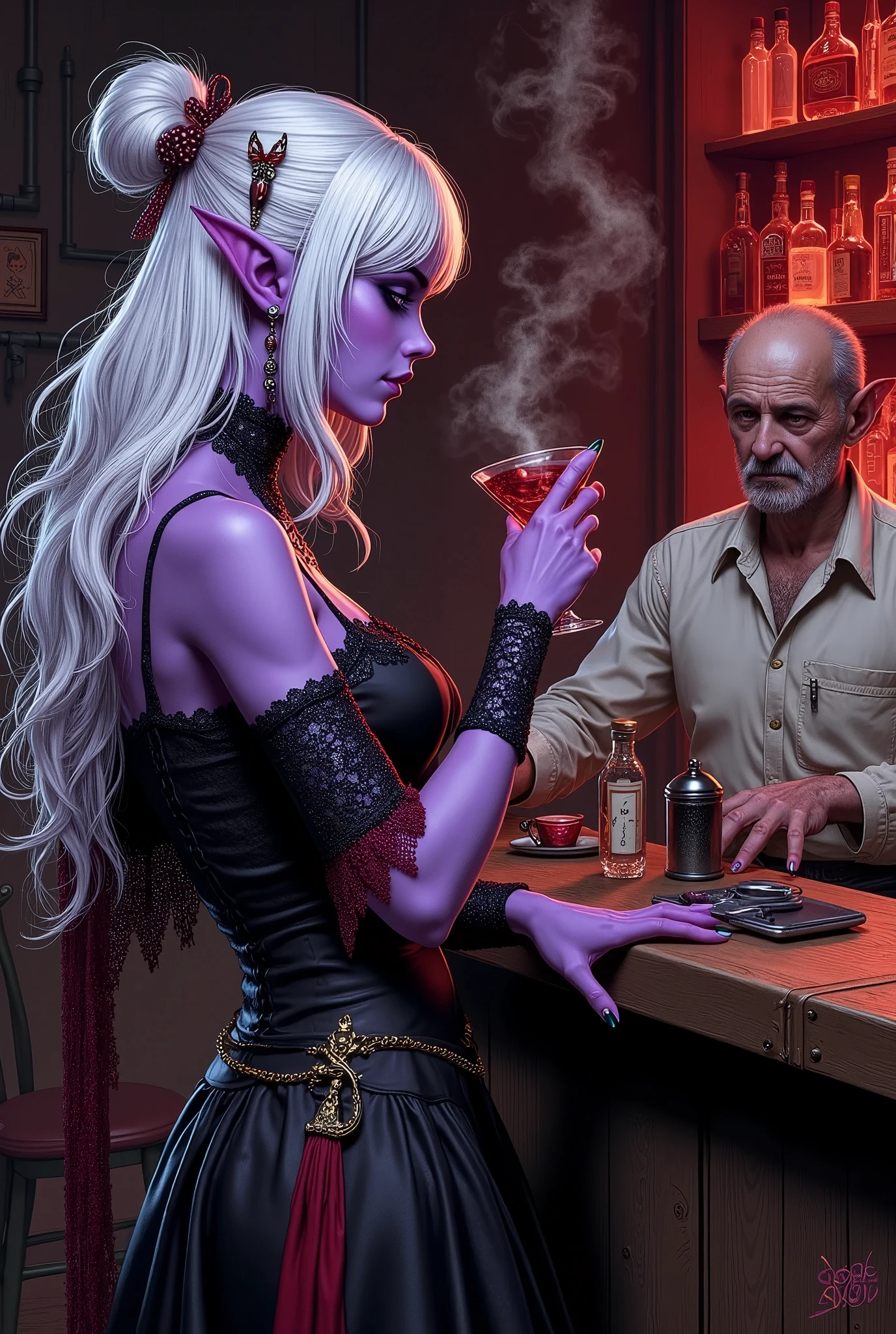 (Ultra-detailed face, Looking away, Fantasy Illustration with Gothic, Dark tone colors.), BREAK (This is a lounge in a world that combines the medieval world with magic and steampunk. The room is very dark and shadowy. There is a simple bar, with a middle-aged, suspicious-looking male bartender with bedraggled hair, wearing a shabby white shirt and black trousers, at the counter, and a woman who is looking around, sipping from a cocktail glass and fingering the hilt of a dagger at her waist with one hand. The bartender and the woman are face to face over the bar counter, talking in secret.), BREAK (A dark elf woman wears a hair clip in the shape of a ruby red scorpion and a shawl of woven iridescent beads. She wears a jet-black lace-up dress in the style of Lolita fashion with a crimson lace trim. She wears jet-black sandals with tassels made of soft leather woven with silver threads.), BREAK (A dark elf woman of young age with pure white hair and eyebrows, a very long messy hairdo, small pink lips, dark purple skin, lavender eyes, and thick dark eyeliner around her eyes.), BREAK (The salon has a suspicious atmosphere, with steam gushing from pipes attached to the walls and red lighting that looks like emergency lights. The walls of the bar counter are lined with a motley assortment of small, suspiciously shaped and colored bottles of a wide variety of liquors.)