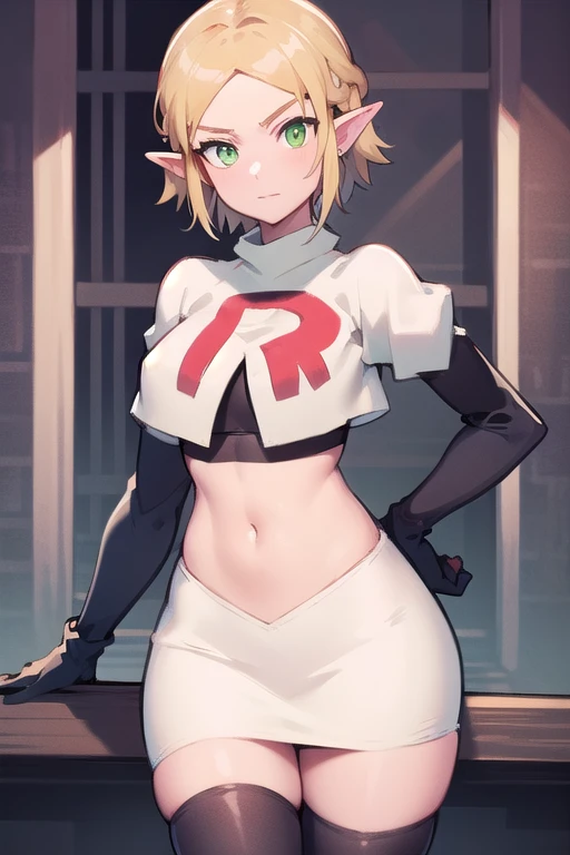 Zelda, green eyes, short hair ,team rocket,team rocket uniform,white skirt,red letter R,crop top,black thigh-highs,black elbow gloves, cowboy shot, sinister villianess look,