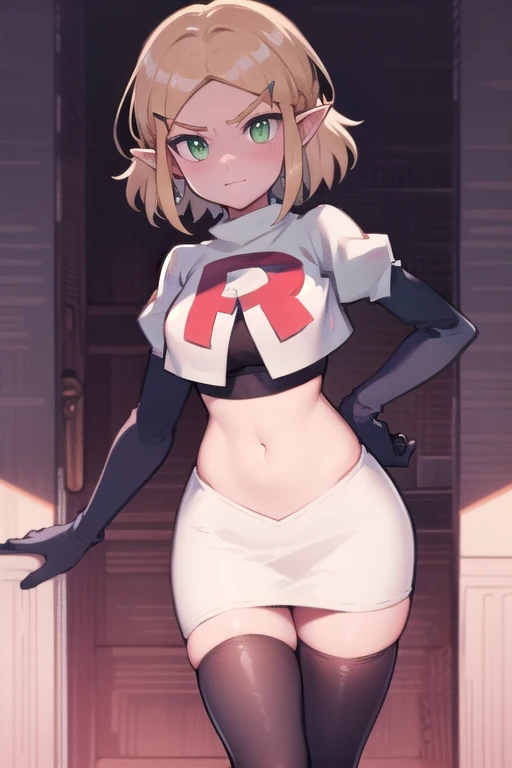 Zelda, green eyes, short hair ,team rocket,team rocket uniform,white skirt,red letter R,crop top,black thigh-highs,black elbow gloves, cowboy shot, sinister villianess look,