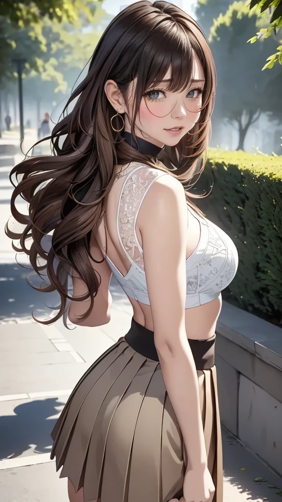 (1girl:1.3), (photorealistic:1.4), (masterpiece, top quality, best quality, official art), extreme detailed, highest detailed, (ultra-detailed), ((an extremely delicate and beautiful)), dappled sunlight, contemporary, silky long hair, (brown hair), she Walking at the park, in evening, sweater, pleated skirt, earrings, necklace, glasses, upper body, from above, shy, smile, wave hand, (looking back:1.4), 24 years old, narrow waist, wide shot