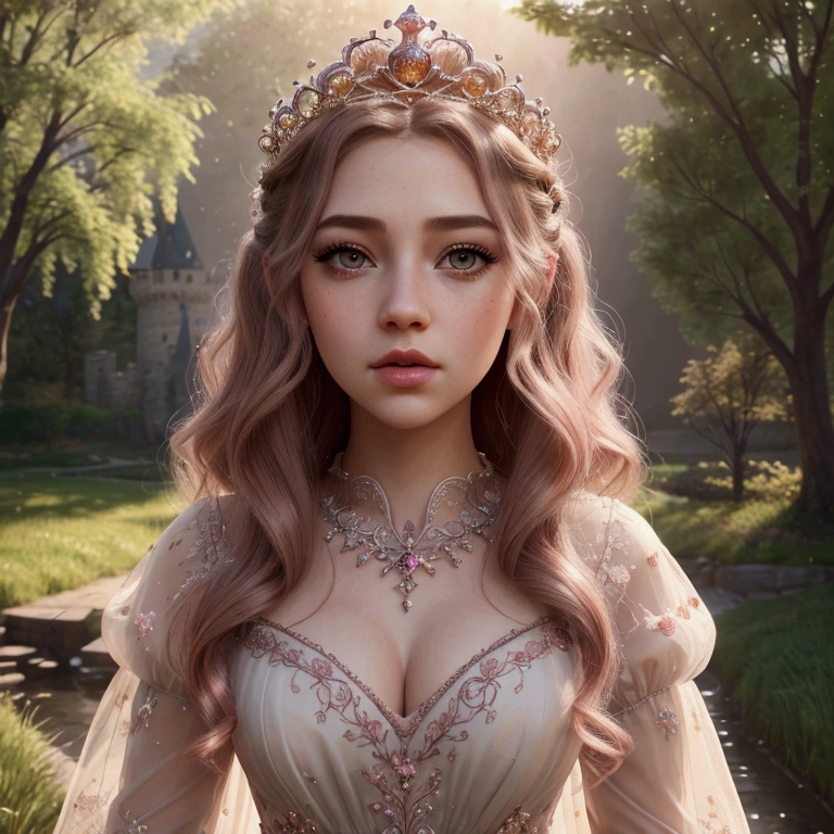 a close up of a gazebo with flowers and candles on a lawn, very magical and dreamy, dreamy and detailed, beautiful render of a fairytale, glamorous setting, unreal engine ; romantic theme, super detailed render, dreamy scene, fairy tale setting, 3d magical details, rendered in v-ray, stunning sunny lighting, fully detailed render, summer morning light,(((And a beautiful lady standing in front of it, looking at the viewer)))