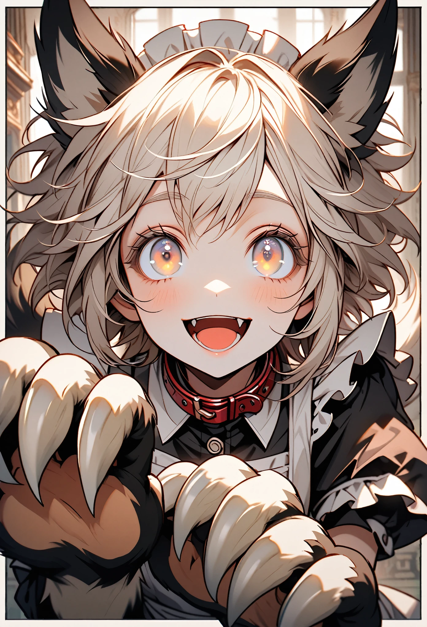 solo, female, close up, short female, dog girl, large dog ears, dog tail, border collie, stout build, furred claws, paw hands, Brown-white hair, short messy hair, Hazel eyes, thick eyelashes, large eyes, maid outfit, collar, mansion, bright smile, open mouth, looking up, looking at viewer