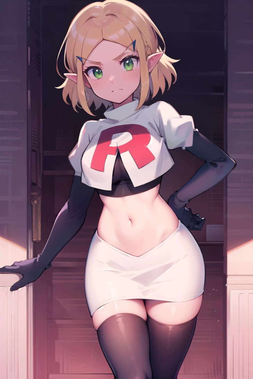 Zelda, green eyes, short hair ,team rocket,team rocket uniform,white skirt,red letter R,crop top,black thigh-highs,black elbow gloves, cowboy shot, sinister villianess look,