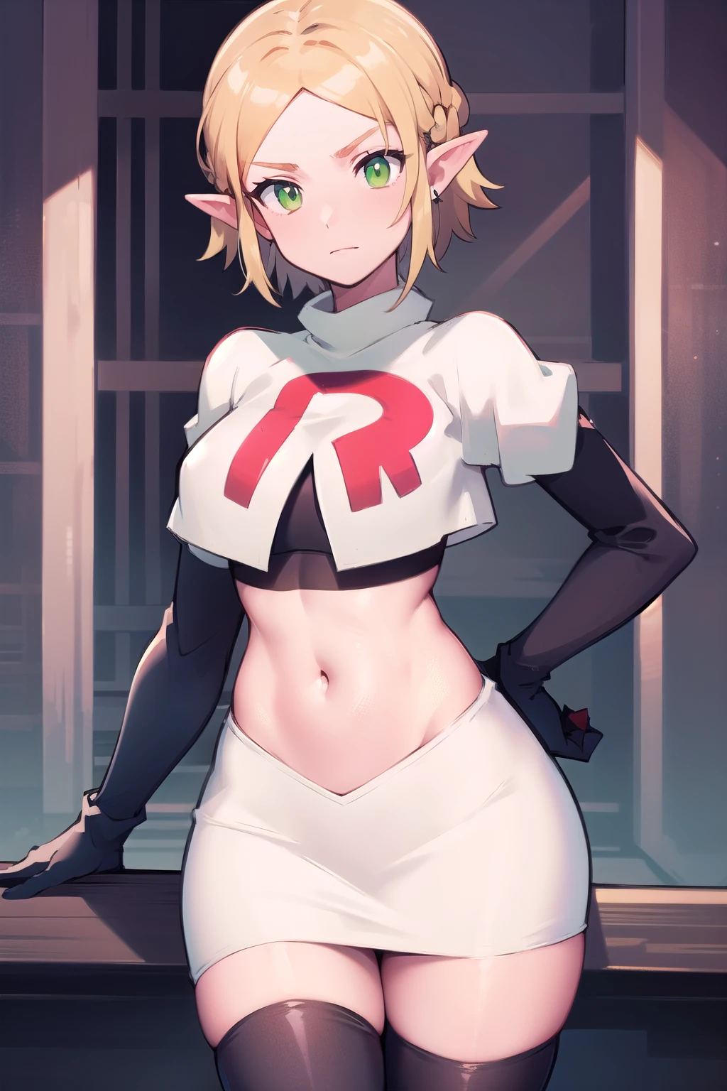 Zelda, green eyes, short hair ,team rocket,team rocket uniform,white skirt,red letter R,crop top,black thigh-highs,black elbow gloves, cowboy shot, sinister villianess look,