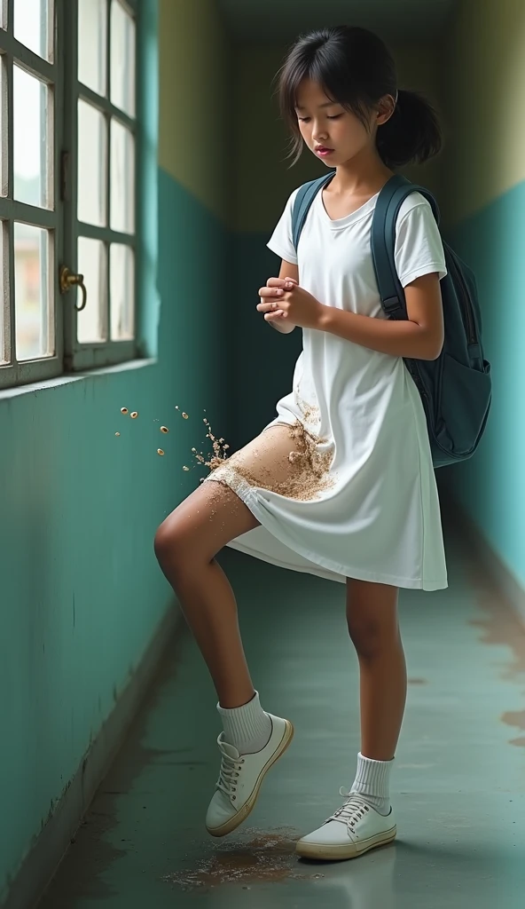 Ultra-realistic, 4k, 1girl, 10 year old, cute face, pretty face, cute eyes, skinny body, brown hair, pink adidas sweatpants, tight long sleeve sports white tshirt, white sneakers, crying, very sweaty, in dirty classroom, near the desk, dirty pants, dirty chair, dirty clothes, sweaty clothes, (((make the whole image filthy and dirty))), (((mud overflowing from pants))), stinky atmosphere, filthy atmosphere, mud on pants, disgusting pants, back view of girl, ((extreme amount of mud on pants)),
