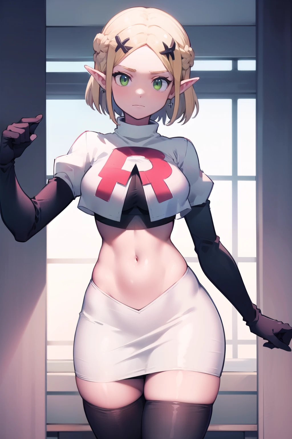 Zelda, green eyes, short hair ,team rocket,team rocket uniform,white skirt,red letter R,crop top,black thigh-highs,black elbow gloves, cowboy shot, sinister villianess look,