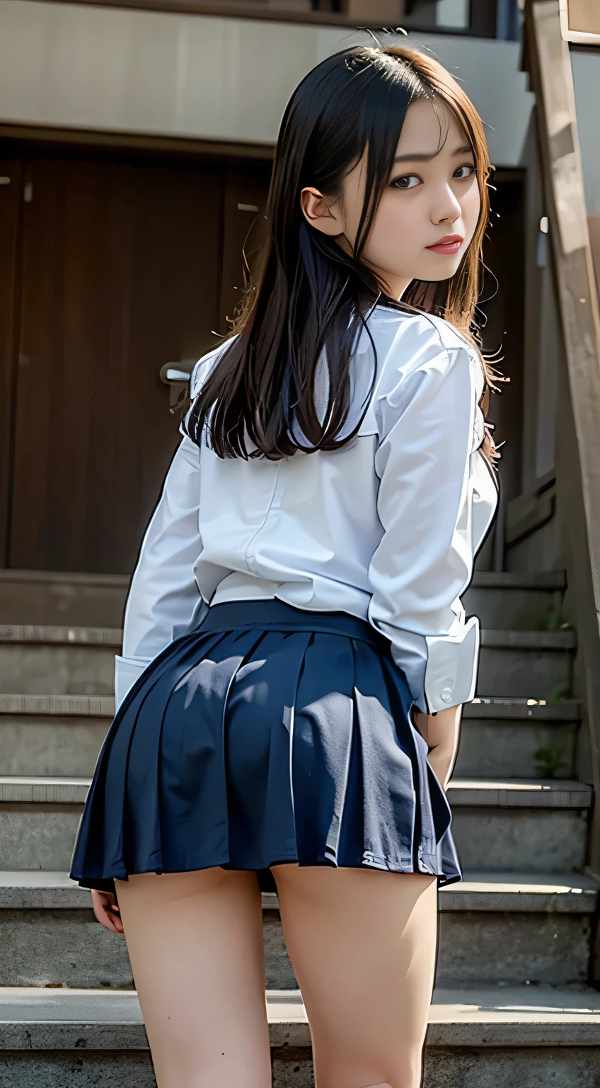 彼女は細身で痩せたスレンダーな日本の美女is。
Very small breasts、Small and flat chest、Small Ass、is。
 high school uniform 、White blouse、 navy blue pleated skirt、I&#39;m wearing white panties。
 The camera shoots vertically from directly below so that the skirt, butt, and white panties can be seen from her calves。
Panchira is filmed as her calves, white panties, and butt peek out from under her skirt 。