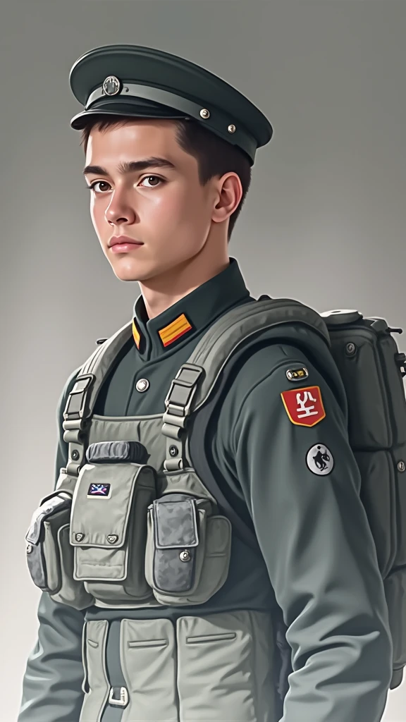 ((Man in camouflage uniform)foreground,(Empty square)Background with,(Futuristic))，Rough and steady