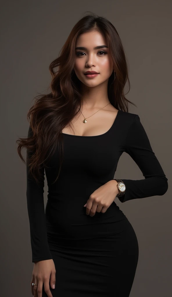   An amazing woman with dark eyes and Solo poses with gentle facial features in a tight black dress (turtle neck, simple, long sleeves) and wearing .   hints at nervousness and embarrassment ,  heels when she stands confidently  , , , her glamorous body type ,  demonstrated by the masterful  . wavy brown hair, falling down the back , ,  framing flawless skin and a sharp line of matching  . Tiny earrings and a simple necklace add subtle flair to her makeup-free complexion.   The photorealistic image was made in 16k resolution with ultra-detailed textures  , ,  composition that captures every detail of her beautiful eyes  , ,  including subtle wrinkling in the corners , When she smiles . full frame, ,  resemble the classic cowboy pose  , ,  makes the viewer focus on her stunning facial features and captivating gaze  .