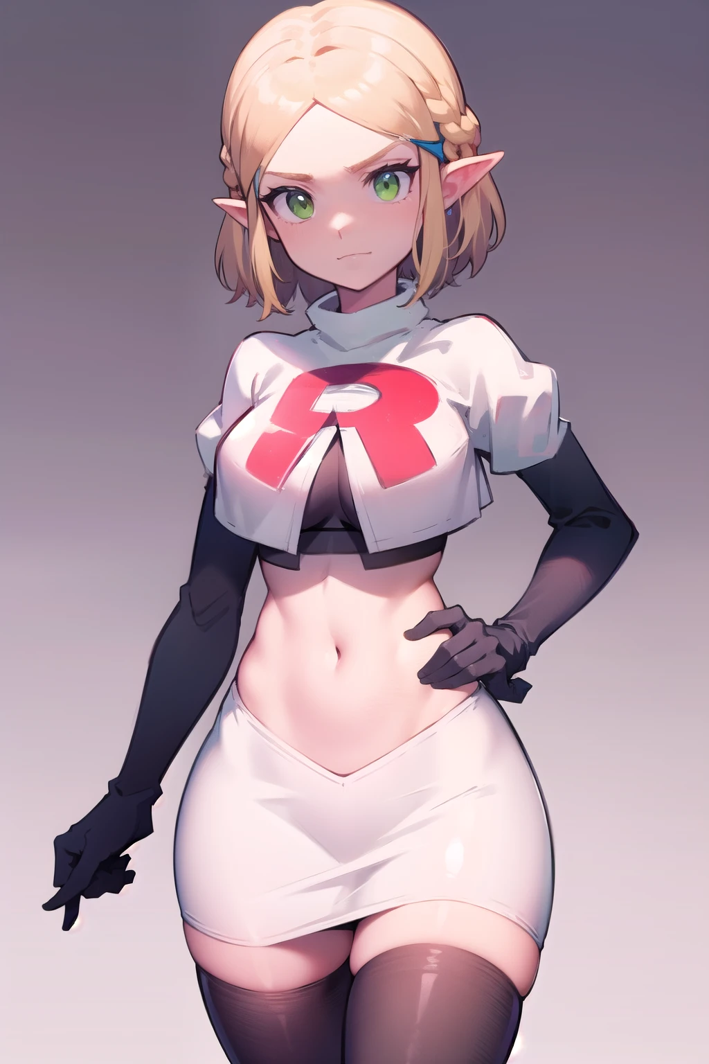 Zelda, green eyes, short hair ,team rocket,team rocket uniform,white skirt,red letter R,crop top,black thigh-highs,black elbow gloves, cowboy shot, sinister villianess look,